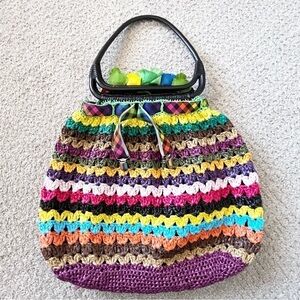 Funky Colorful Plastic Straw Beach Tote Hobo Summer Oddity Floral Stripe Shopper